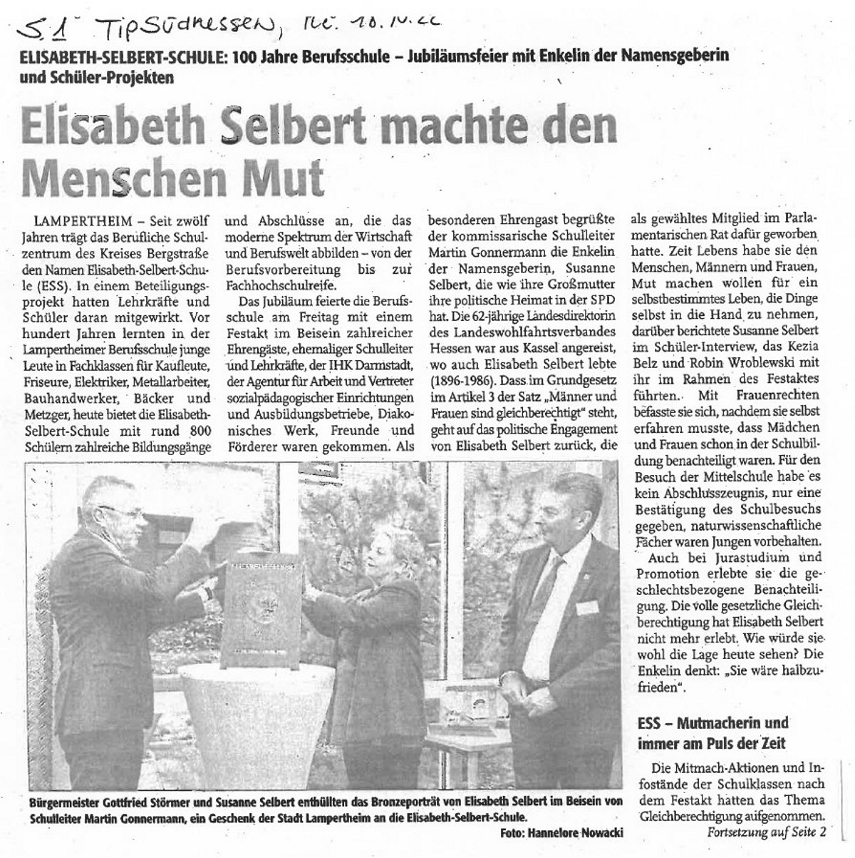 Artikel TIP Südhessen Mittwoch 18.10.2022 zur 100 Jahrfeier