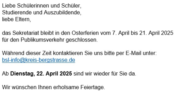 Öffnungszeiten des Sekretariats während der Osterferien