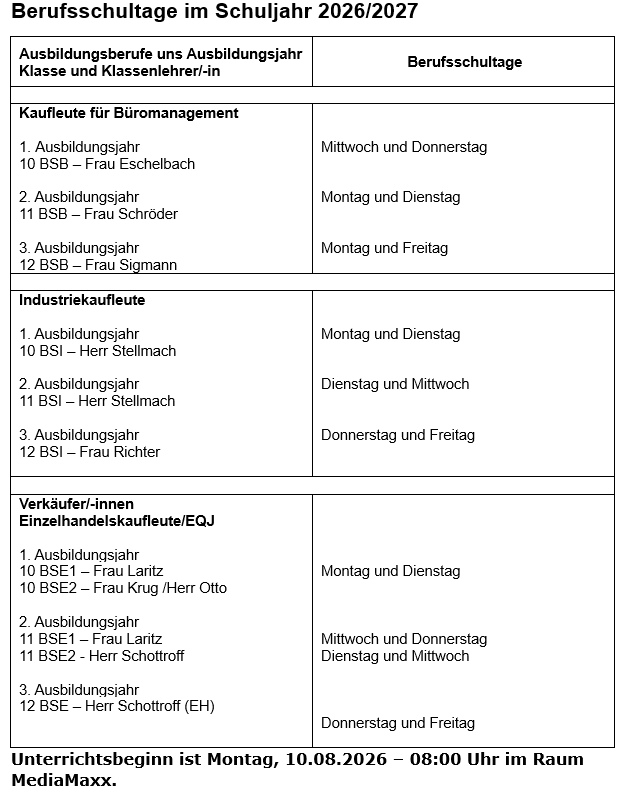 Berufsschultage im Schuljahr 2026 2027 1